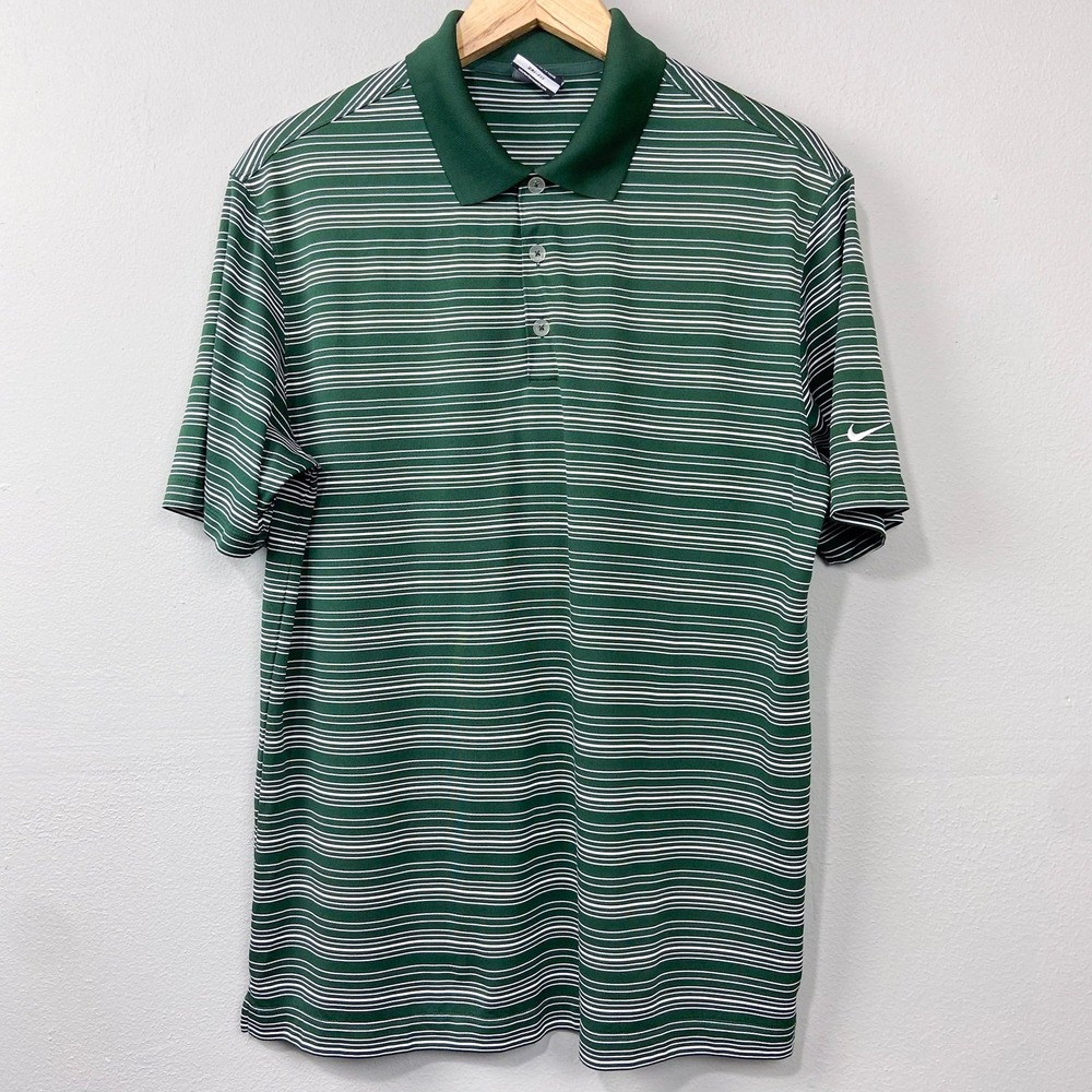Nike Golf Dri-FIT Striped Polo‎ Shirt Size L Green White Swoosh Collared Casual